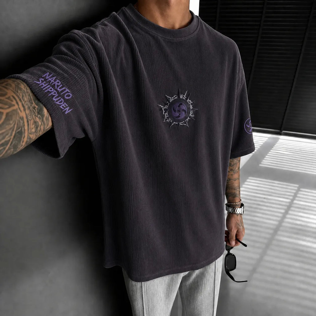 Unisex Anime-Style Retro Corduroy Oversized T-Shirt