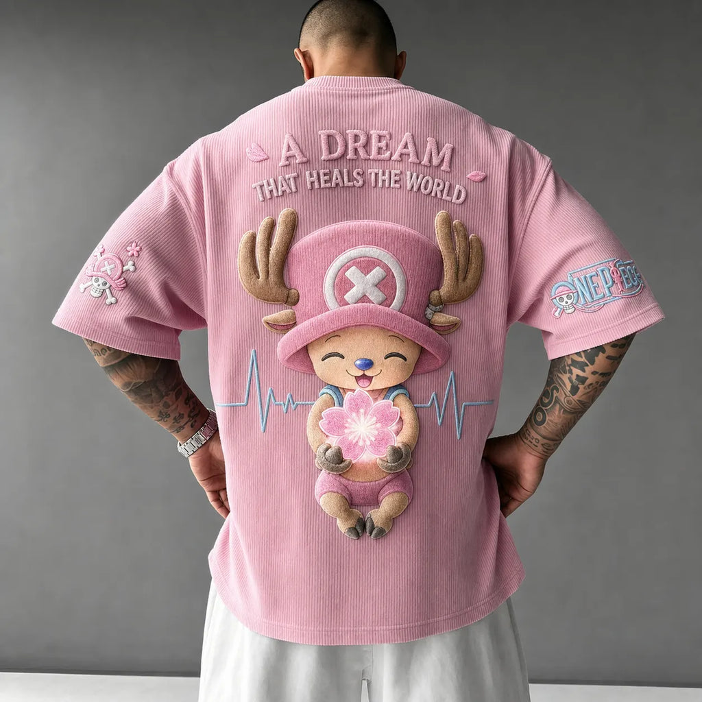 Unisex Short-Sleeve Corduroy T-Shirt With Anime Print