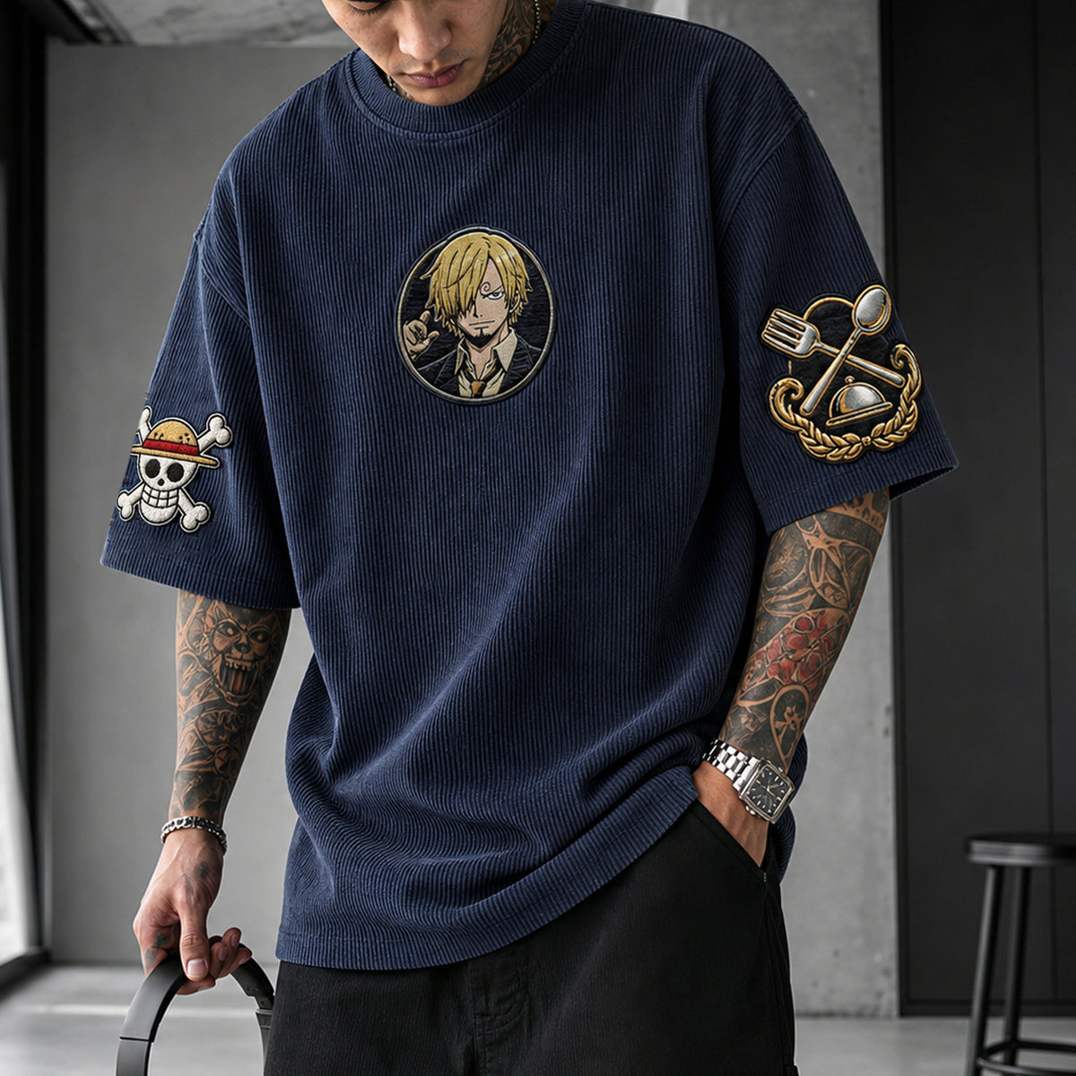 Unisex Anime-Style Retro Corduroy Oversized T-Shirt