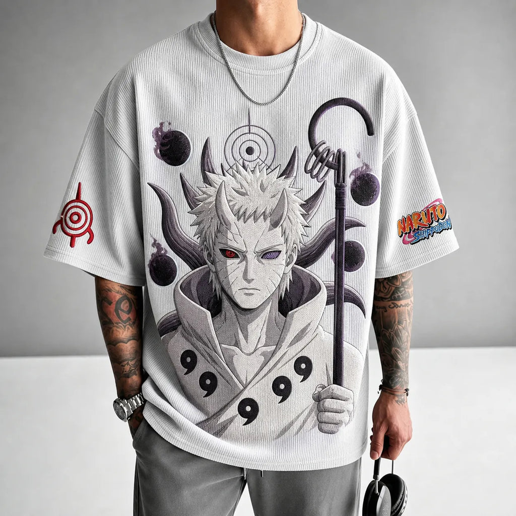 Unisex Oversized Anime-Print Vertical-Stripe Short-Sleeve T-Shirt