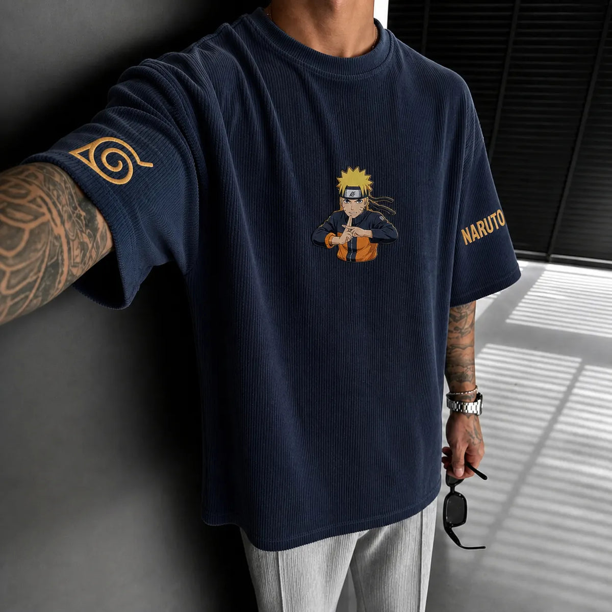 Unisex Anime-Style Retro Corduroy Oversized T-Shirt