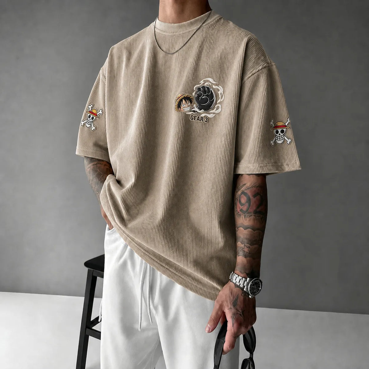Unisex Oversized Anime-Print Vertical-Stripe Short-Sleeve T-Shirt