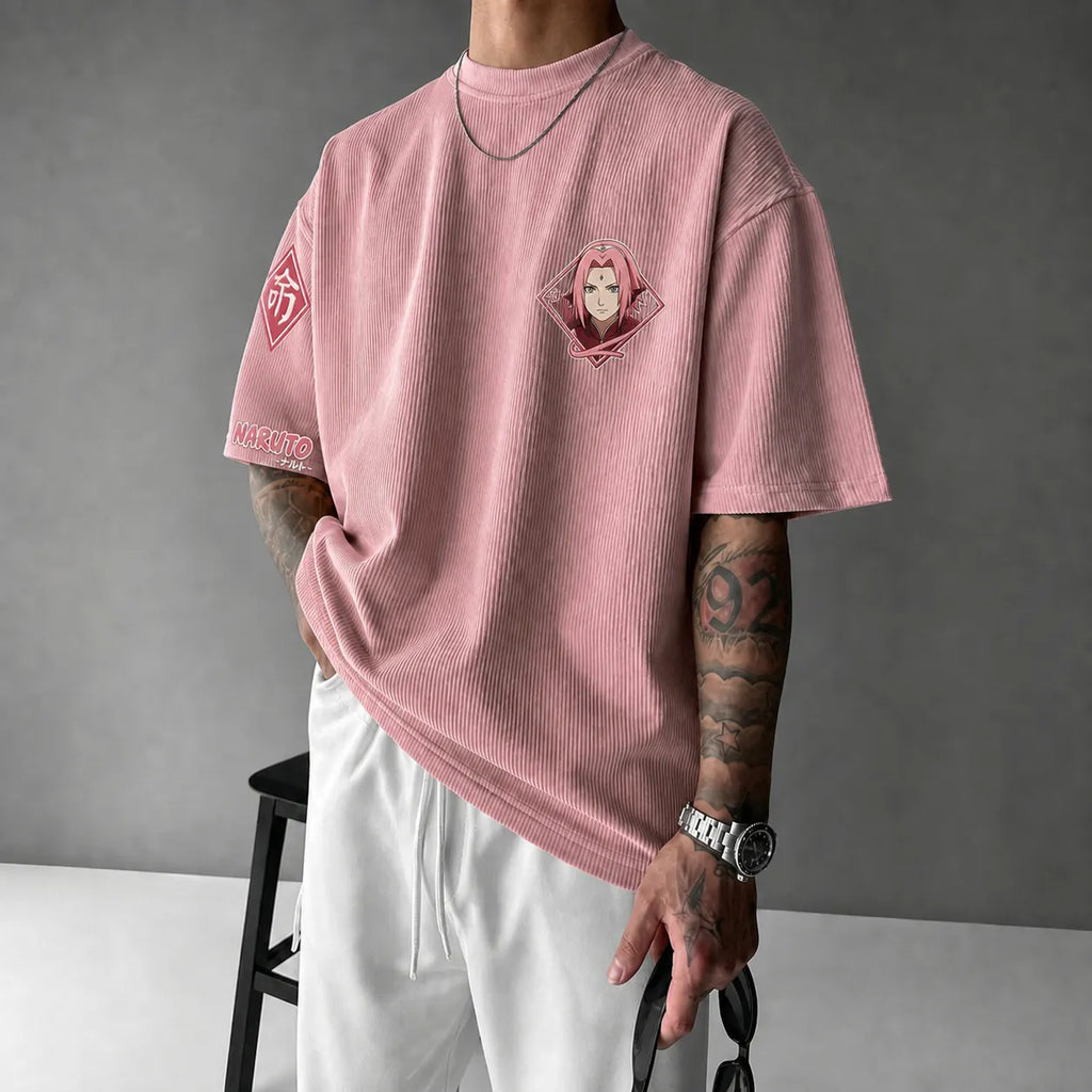 Unisex Anime-Style Retro Corduroy Oversized T-Shirt