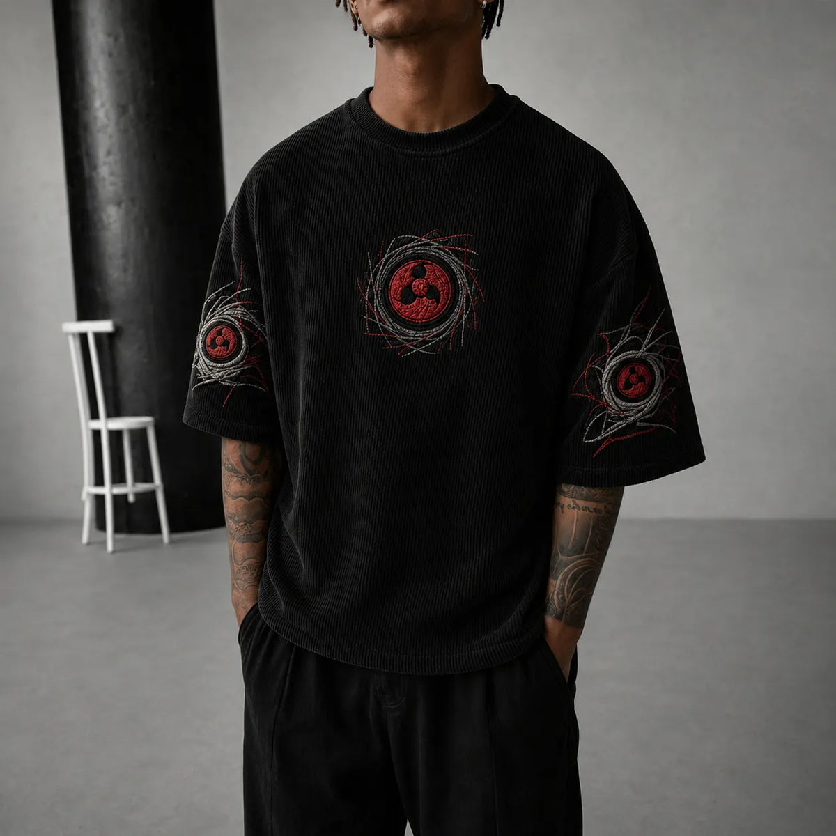 Unisex Anime-Style Retro Corduroy Oversized T-Shirt