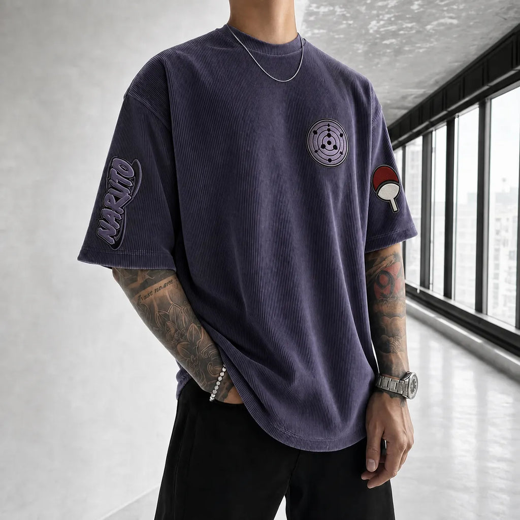 Unisex Anime-Style Retro Corduroy Oversized T-Shirt