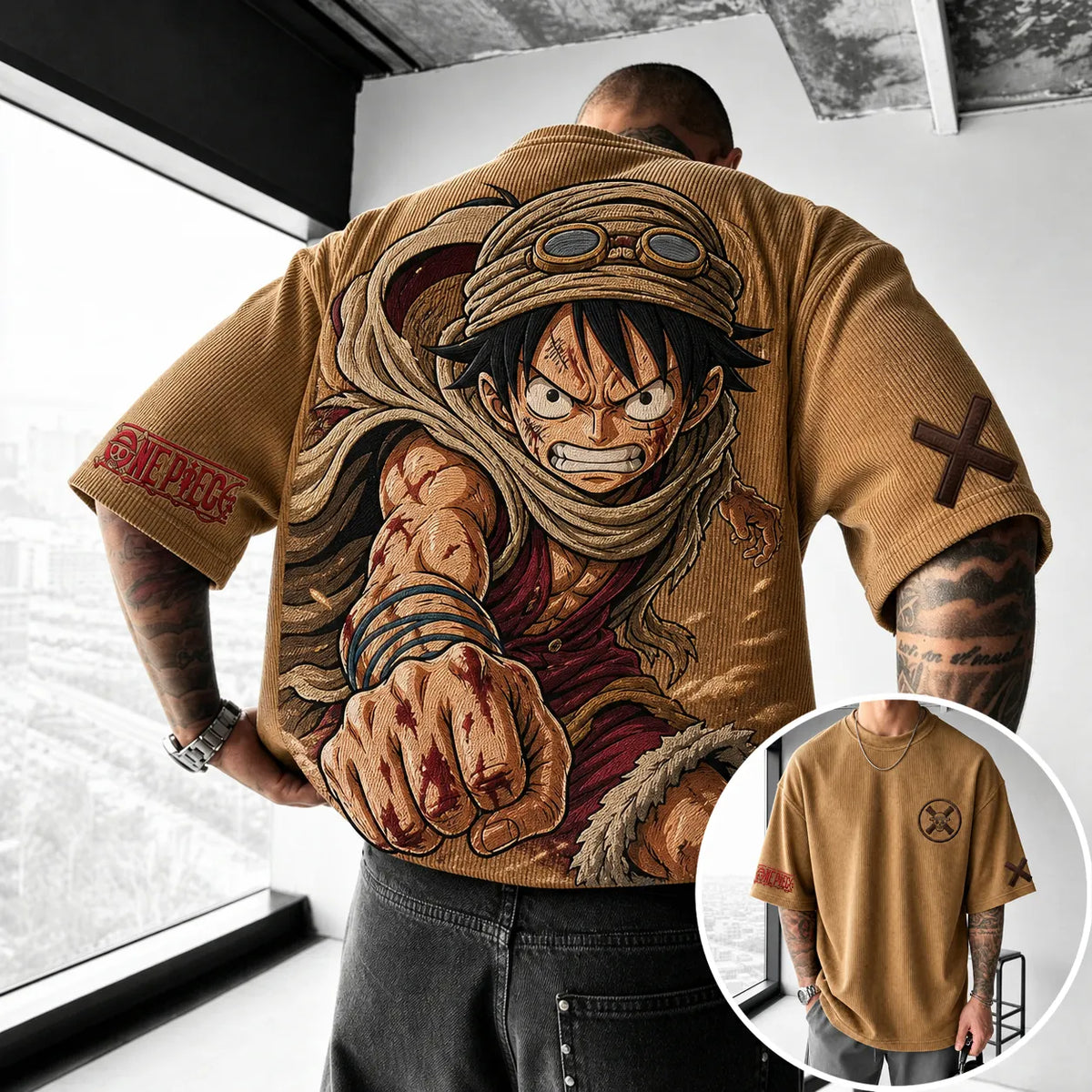 Unisex Short-Sleeve Corduroy T-Shirt With Anime Print