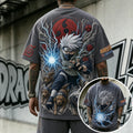 Unisex Oversized Anime-Print Vertical-Stripe Short-Sleeve T-Shirt