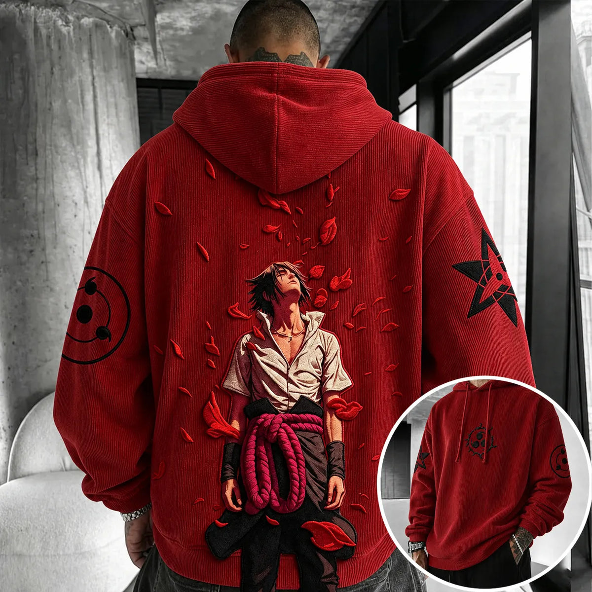 Unisex Retro Corduroy Hoodie With Anime-style Graphics