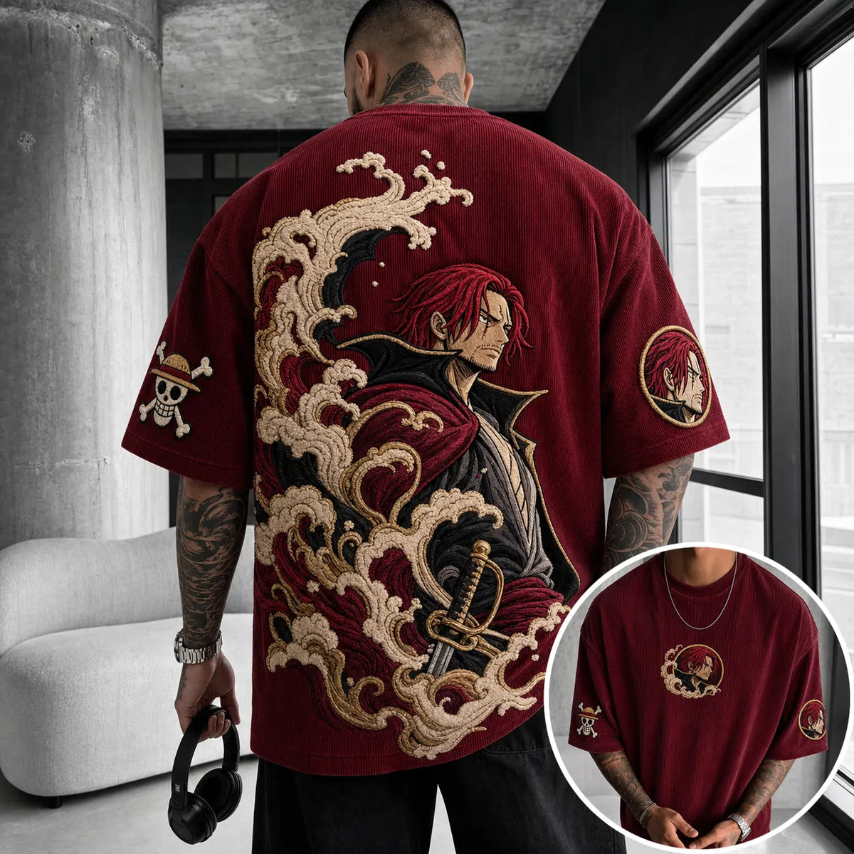Unisex Anime-Style Retro Corduroy Oversized T-Shirt