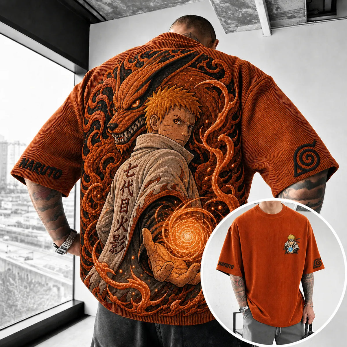 Unisex Anime-Style Retro Corduroy Oversized T-Shirt