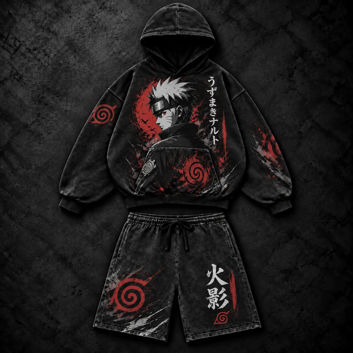 Naruto- Unisex Distressed Hoodie and Shorts Set | Anime Graphic