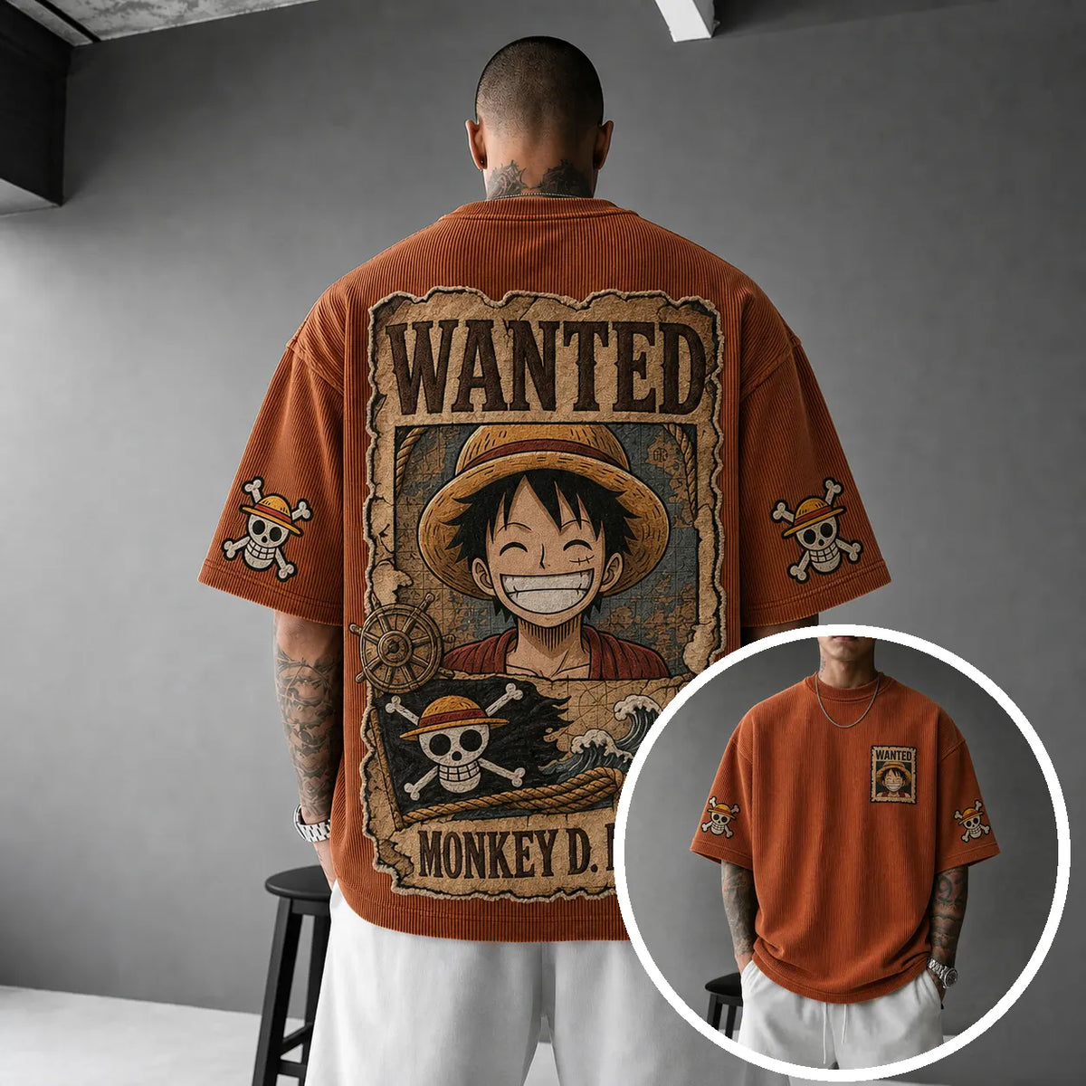 Unisex Oversized Anime-Print Vertical-Stripe Short-Sleeve T-Shirt