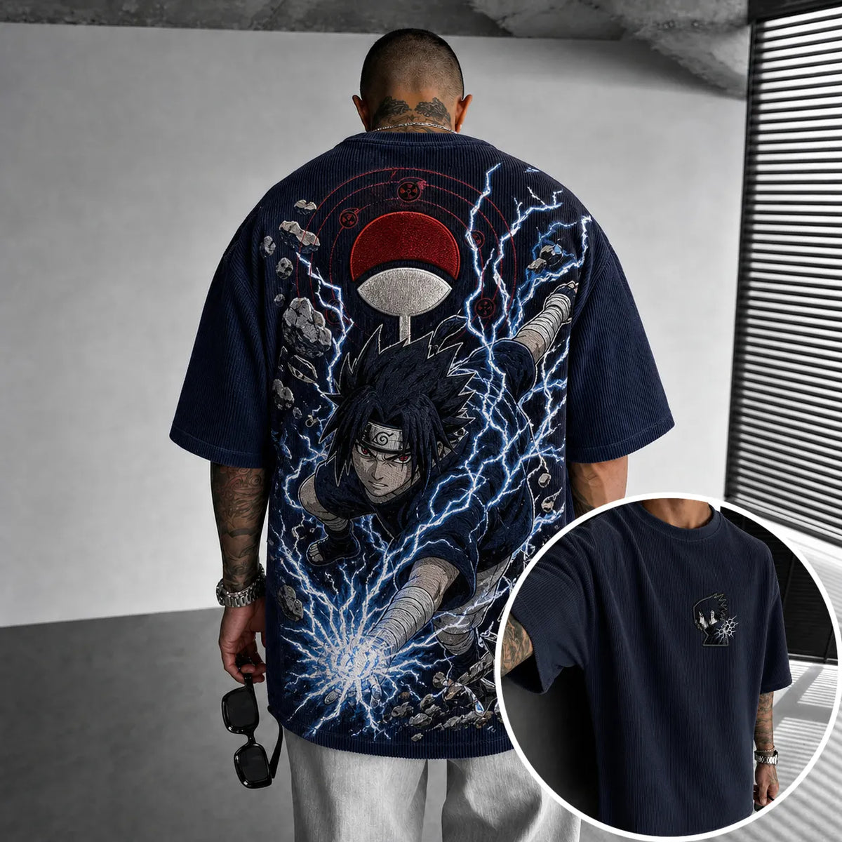 Unisex Oversized Anime-Print Vertical-Stripe Short-Sleeve T-Shirt