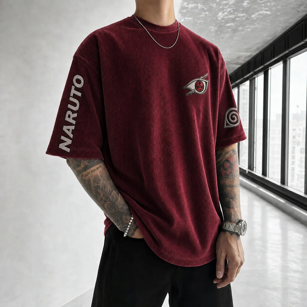 Unisex Anime-Style Retro Corduroy Oversized T-Shirt