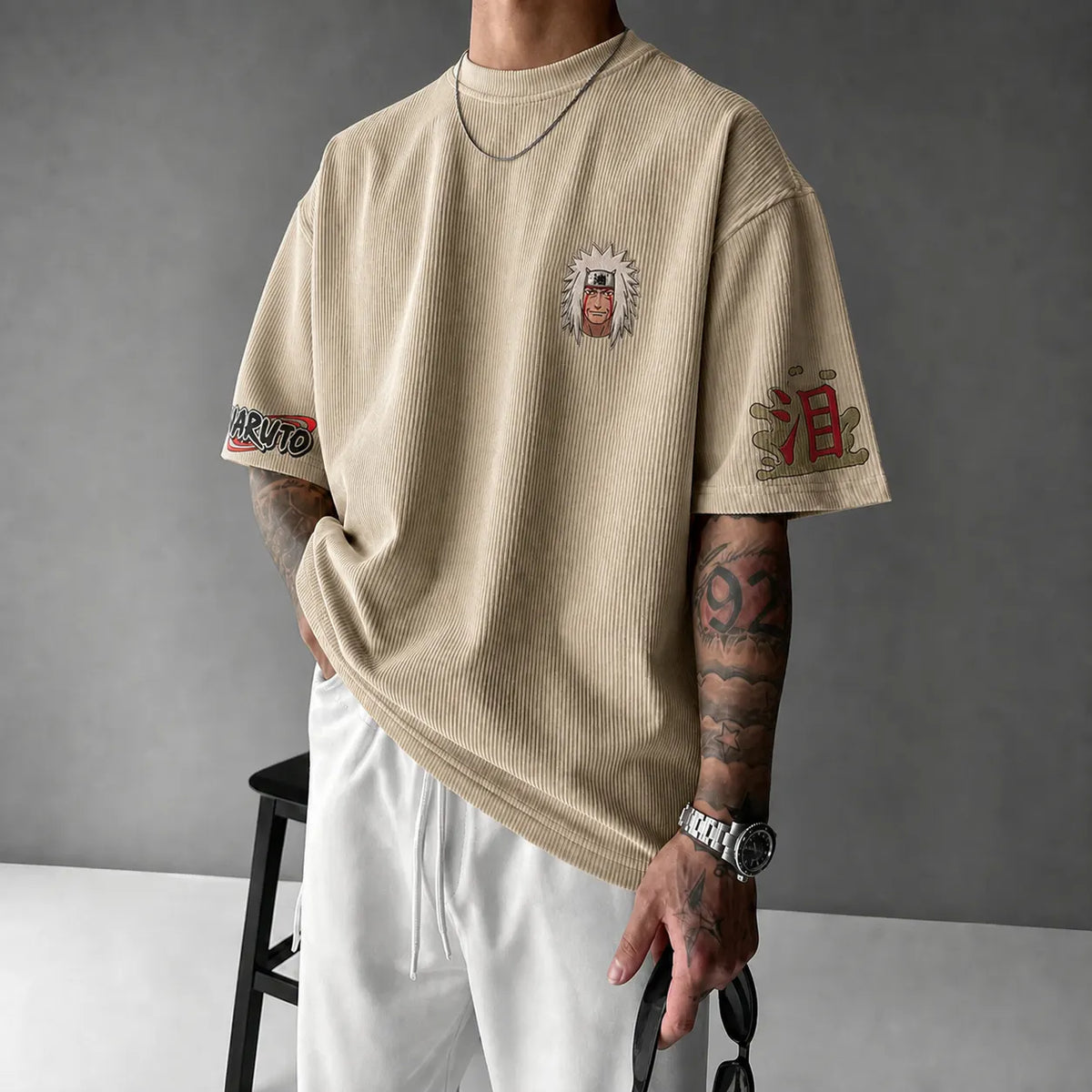 Unisex Anime-Style Retro Corduroy Oversized T-Shirt