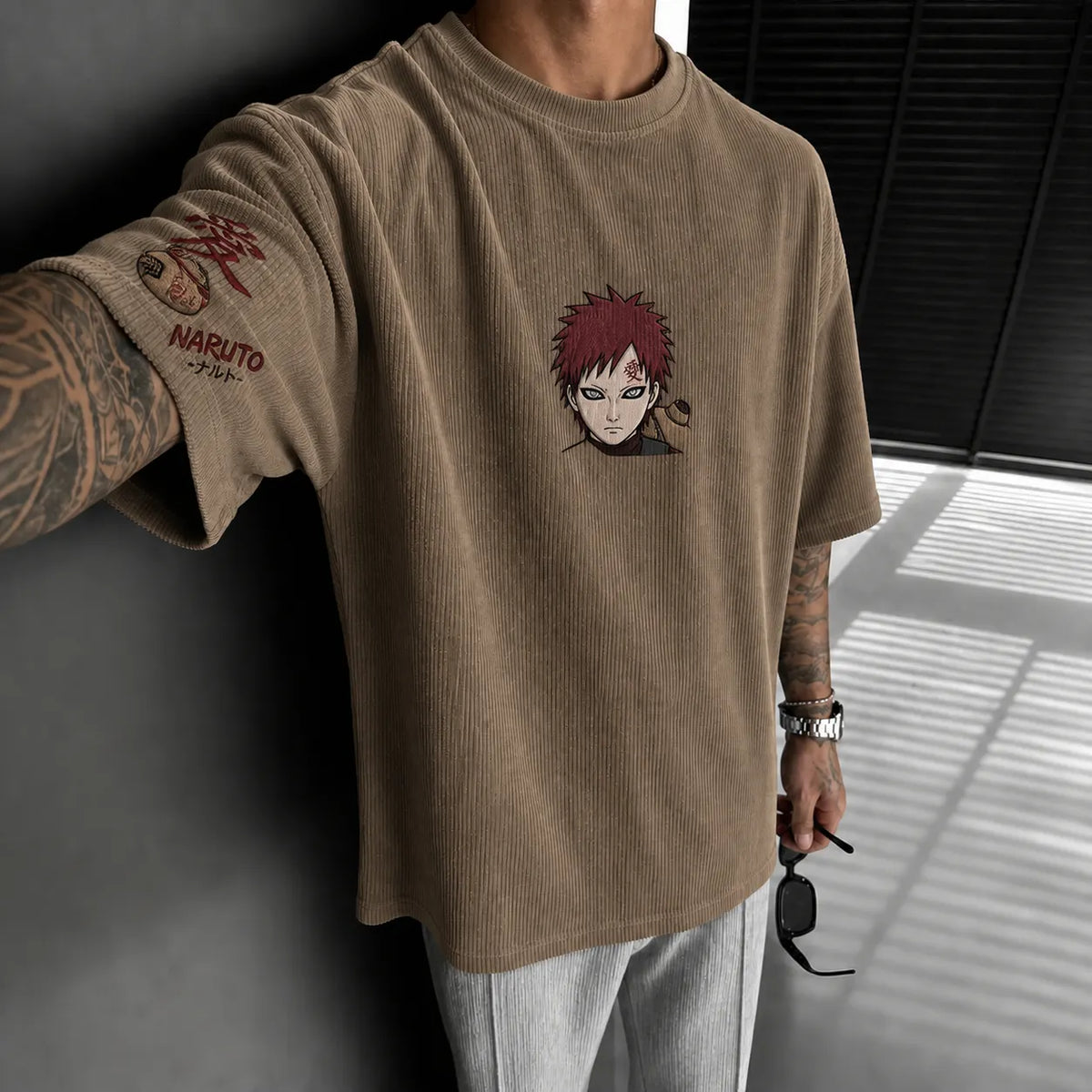 Unisex Anime-Style Retro Corduroy Oversized T-Shirt