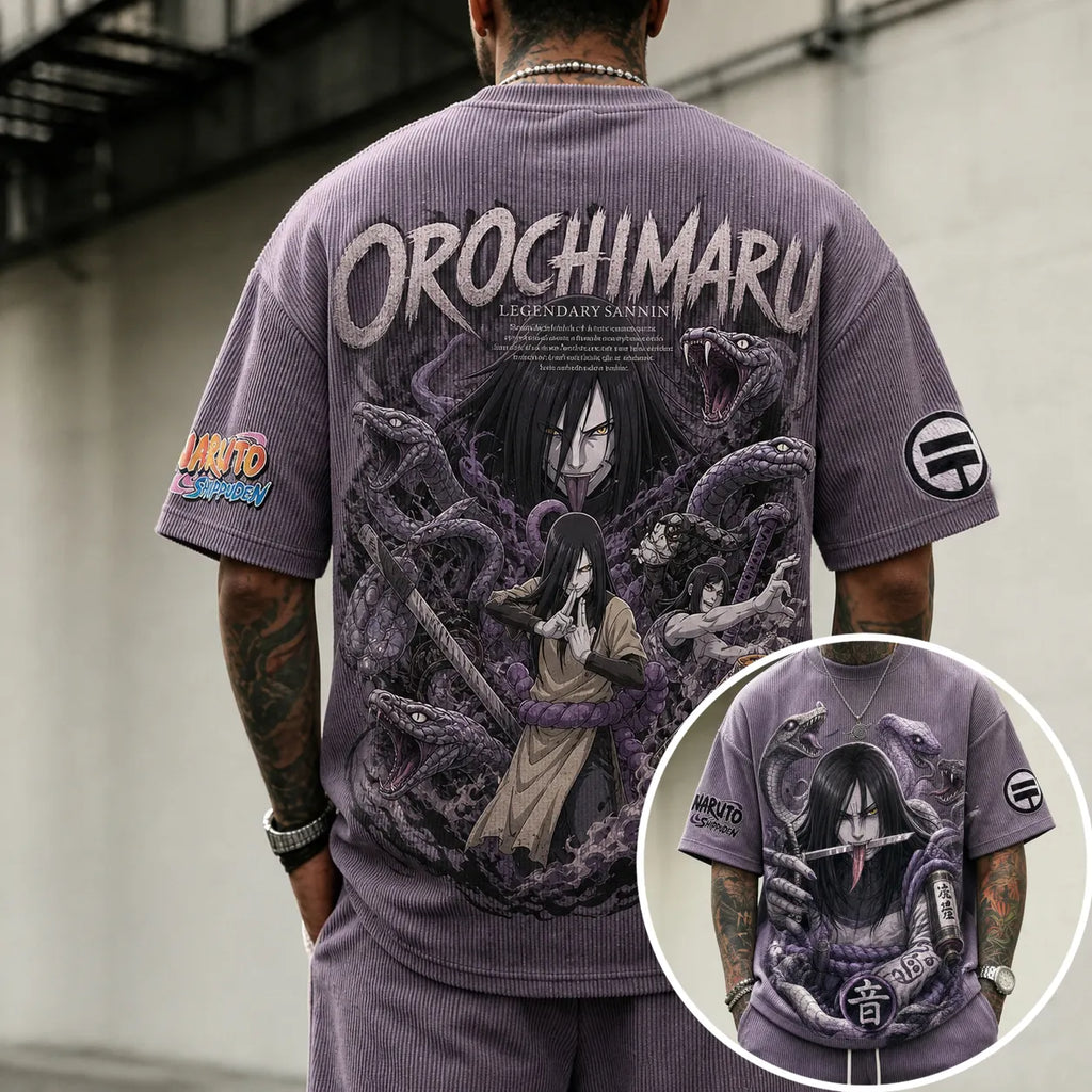 Unisex Oversized Anime-Print Vertical-Stripe Short-Sleeve T-Shirt