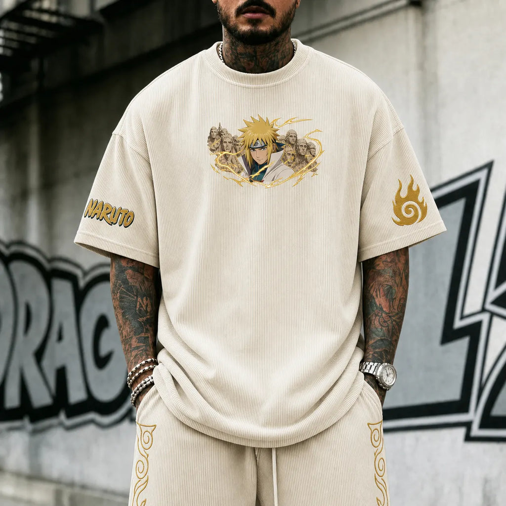 Unisex Anime-Style Retro Corduroy Oversized T-Shirt