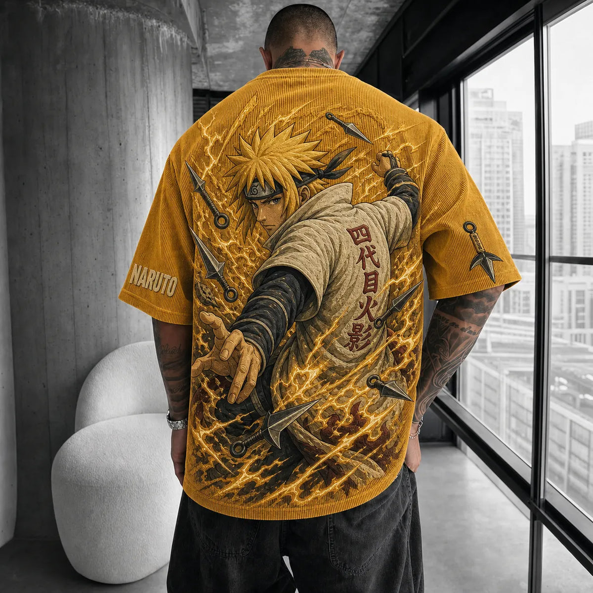 Unisex Anime-Style Retro Corduroy Oversized T-Shirt