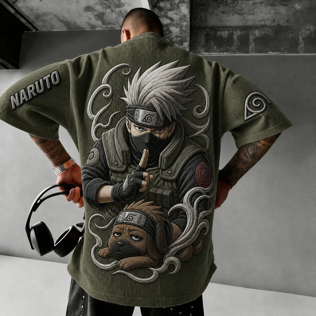 Unisex Anime-Style Retro Corduroy Oversized T-Shirt