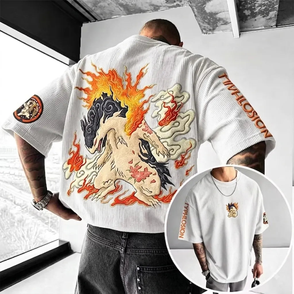 Anime-Inspired Vintage Waffle Knit T-Shirt