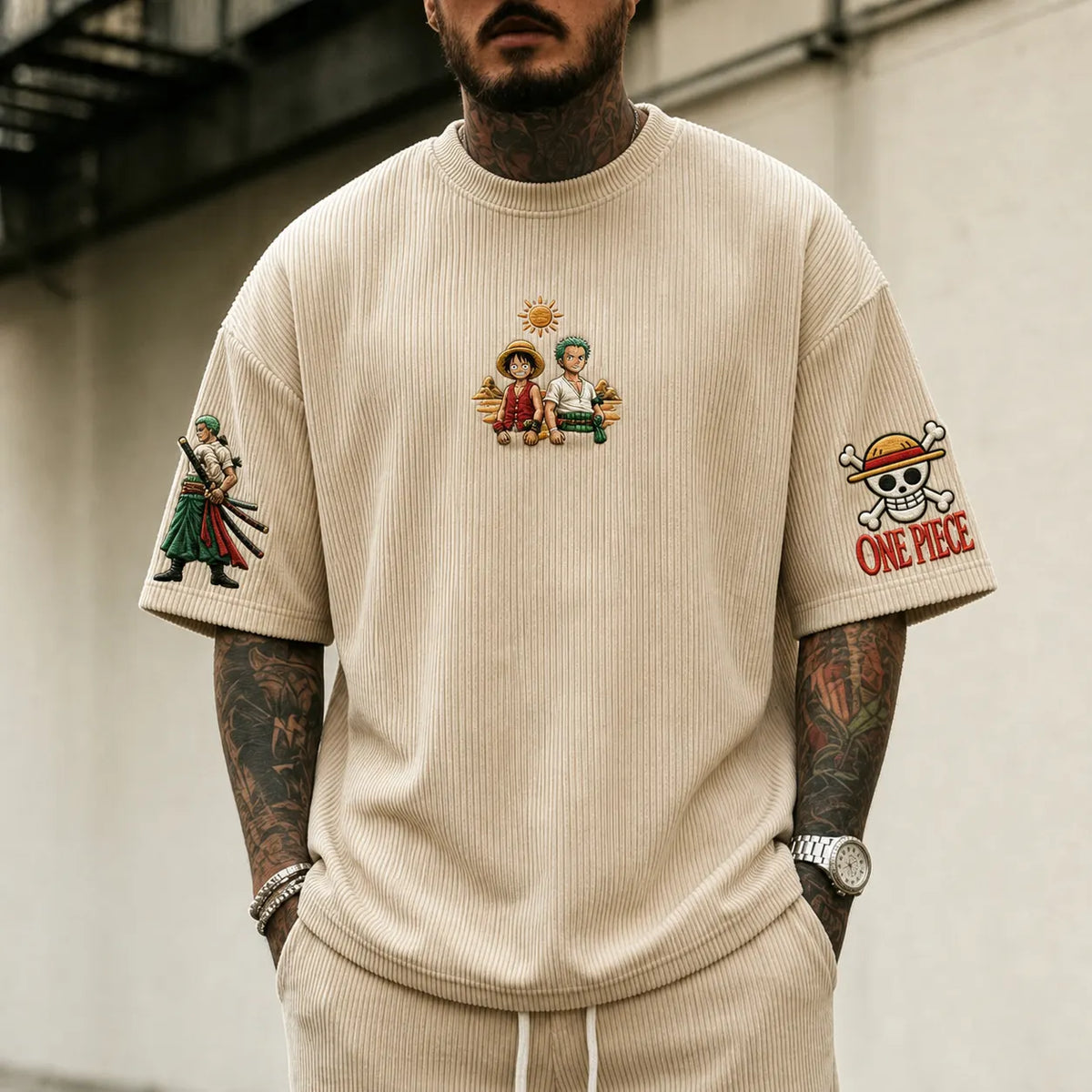 Unisex Anime-Style Retro Corduroy Oversized T-Shirt