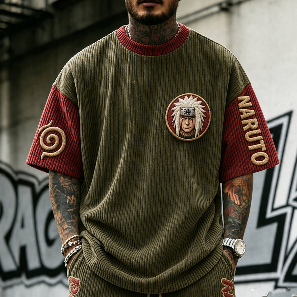Unisex Anime-Style Retro Corduroy Oversized T-Shirt