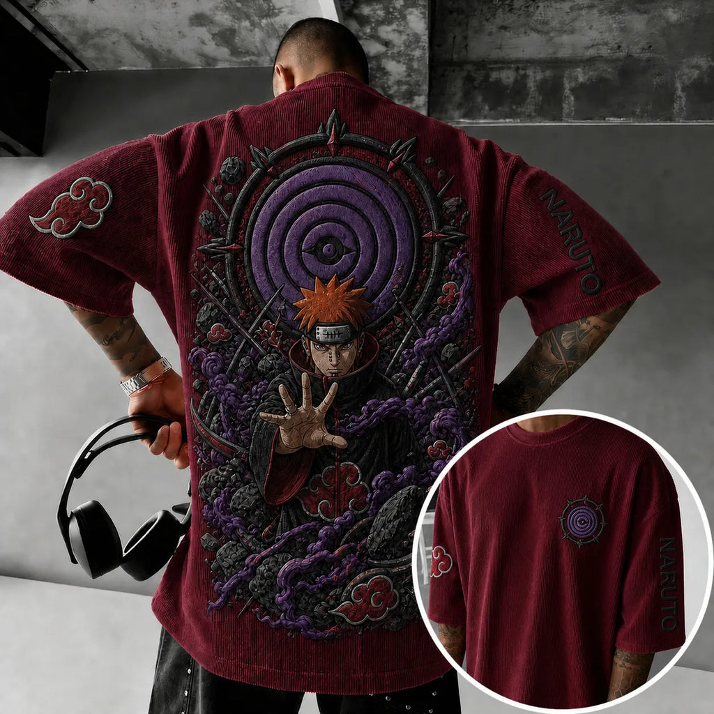 Unisex Anime-Style Retro Corduroy Oversized T-Shirt