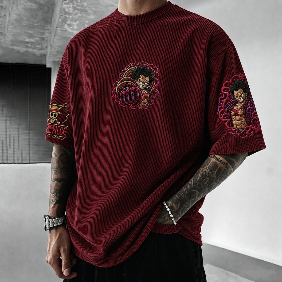 Unisex Anime-Style Retro Corduroy Oversized T-Shirt