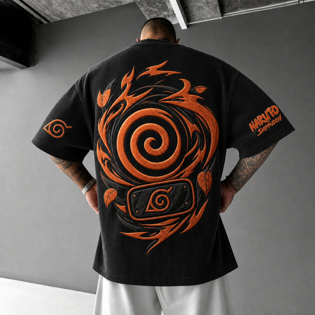 Unisex Anime-Style Retro Corduroy Oversized T-Shirt