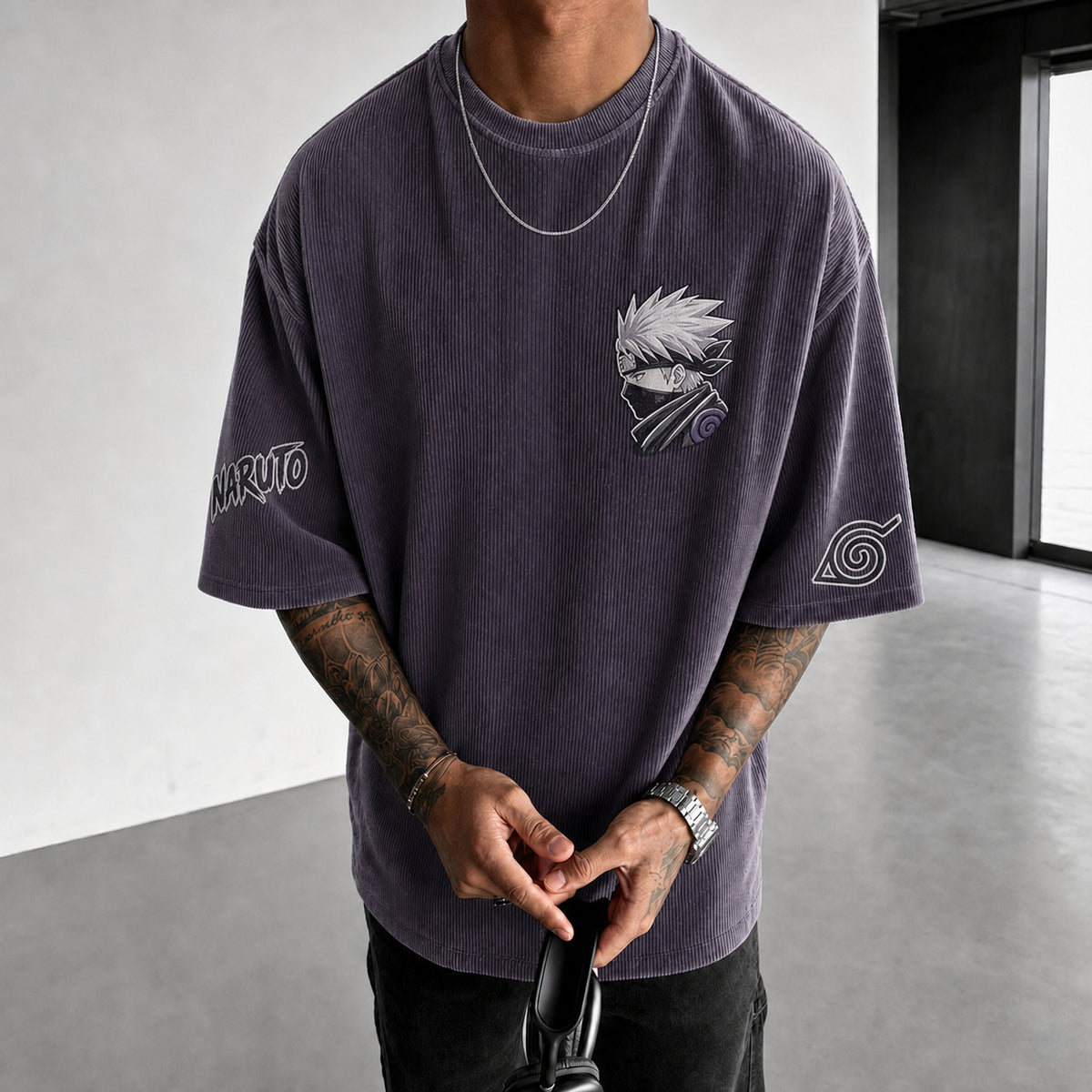 Unisex Anime-Style Retro Corduroy Oversized T-Shirt