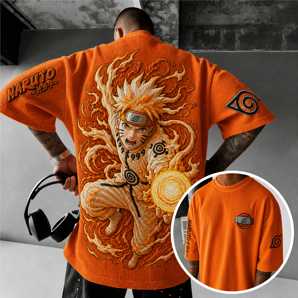 Unisex Anime-Style Retro Corduroy Oversized T-Shirt
