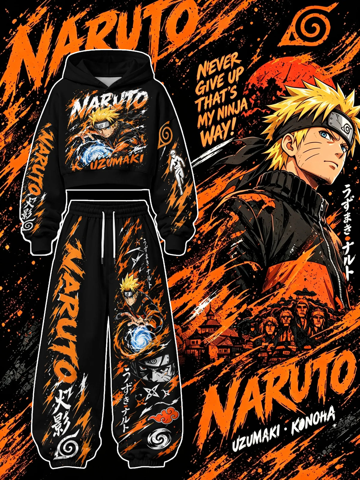Naruto Uzumaki Women's Cropped Long Sleeve Hoodie & High Waist Jogger Pants Two Piece Tracksuit Set