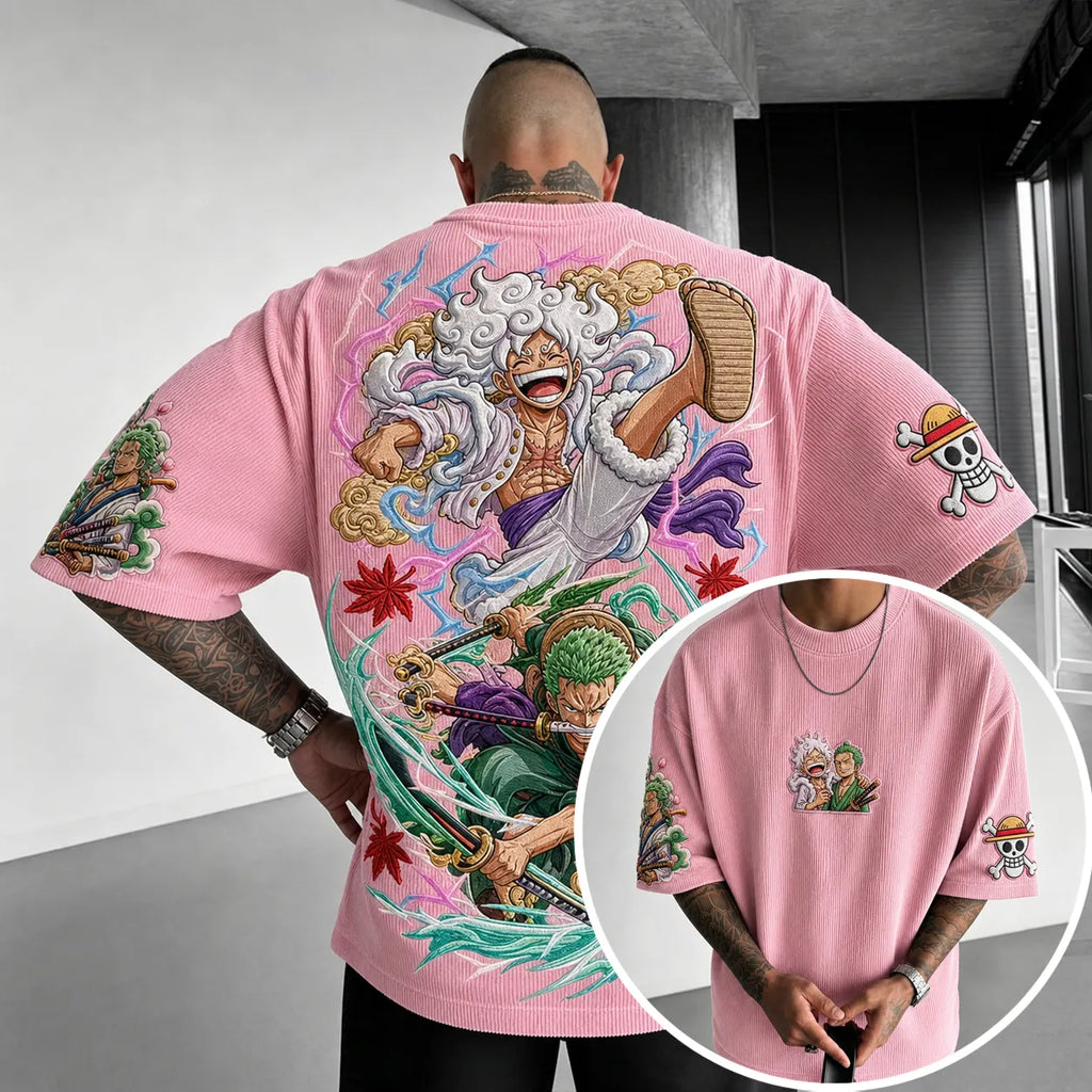 Unisex Anime-Style Retro Corduroy Oversized T-Shirt