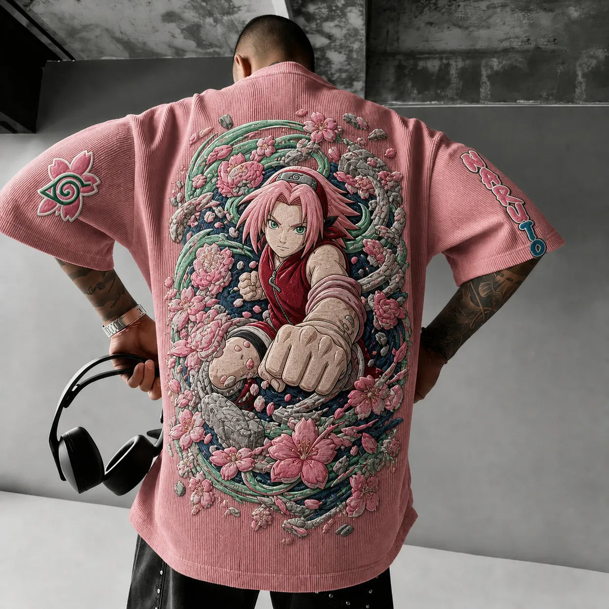 Unisex Anime-Style Retro Corduroy Oversized T-Shirt