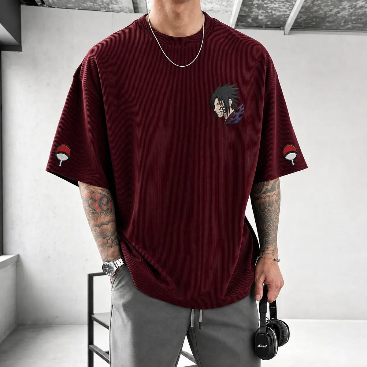 Unisex Oversized Anime-Print Vertical-Stripe Short-Sleeve T-Shirt