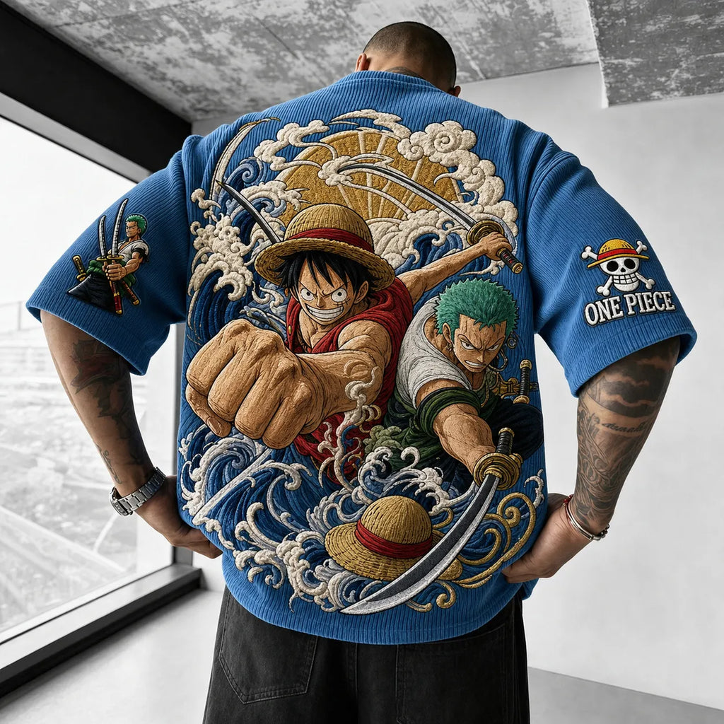Unisex Anime-Style Retro Corduroy Oversized T-Shirt