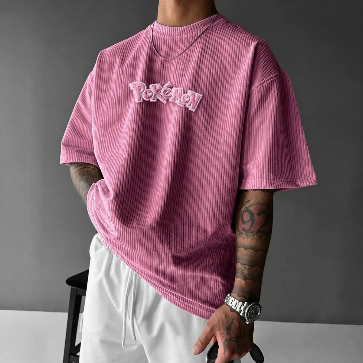 Unisex Anime-Style Retro Corduroy Oversized T-Shirt