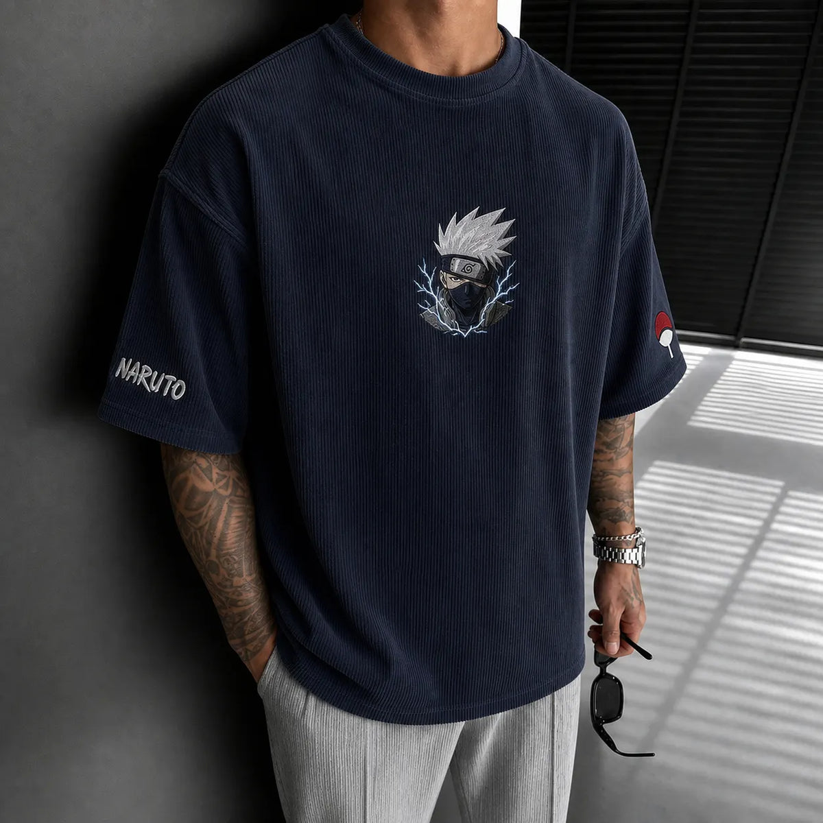 Unisex Anime-Style Retro Corduroy Oversized T-Shirt