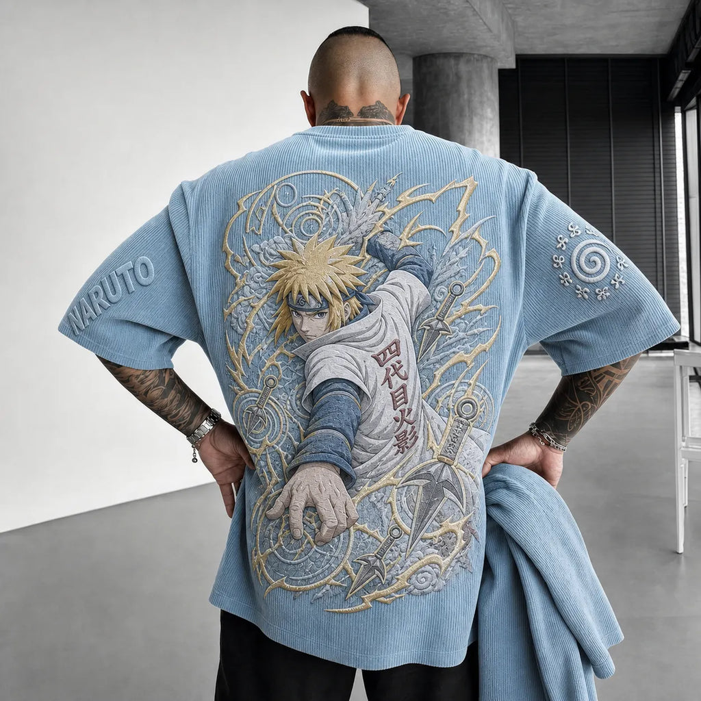 Unisex Anime-Style Retro Corduroy Oversized T-Shirt