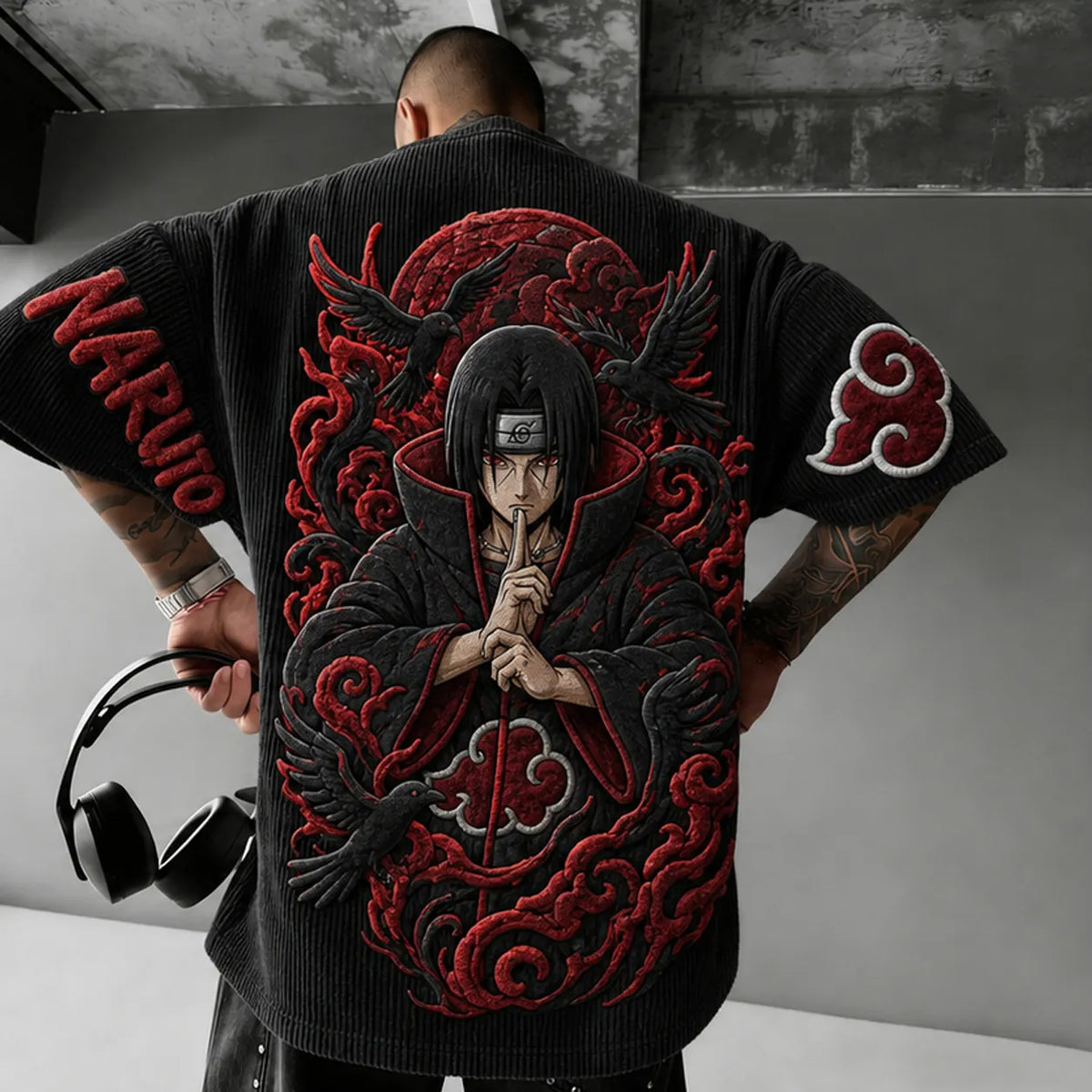 Unisex Anime-Style Retro Corduroy Oversized T-Shirt