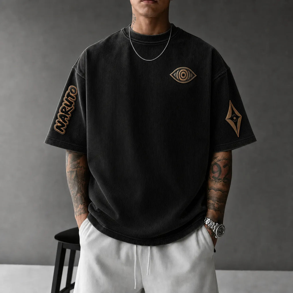 Unisex Anime-Style Retro Corduroy Oversized T-Shirt