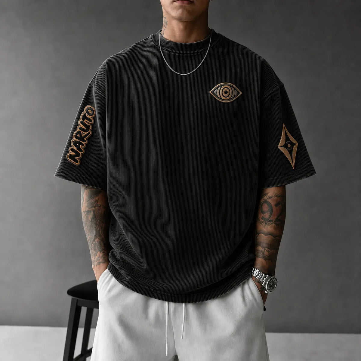 Unisex Anime-Style Retro Corduroy Oversized T-Shirt