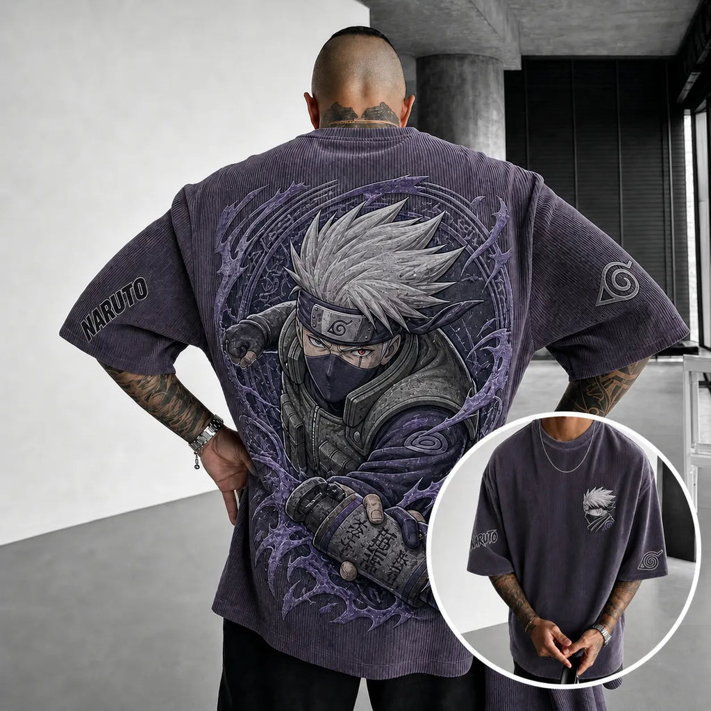 Unisex Anime-Style Retro Corduroy Oversized T-Shirt