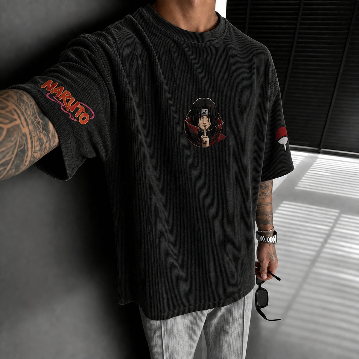 Unisex Anime-Style Retro Corduroy Oversized T-Shirt