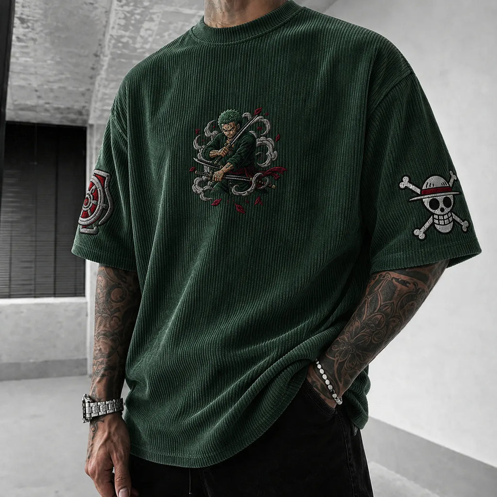 Unisex Anime-Style Retro Corduroy Oversized T-Shirt