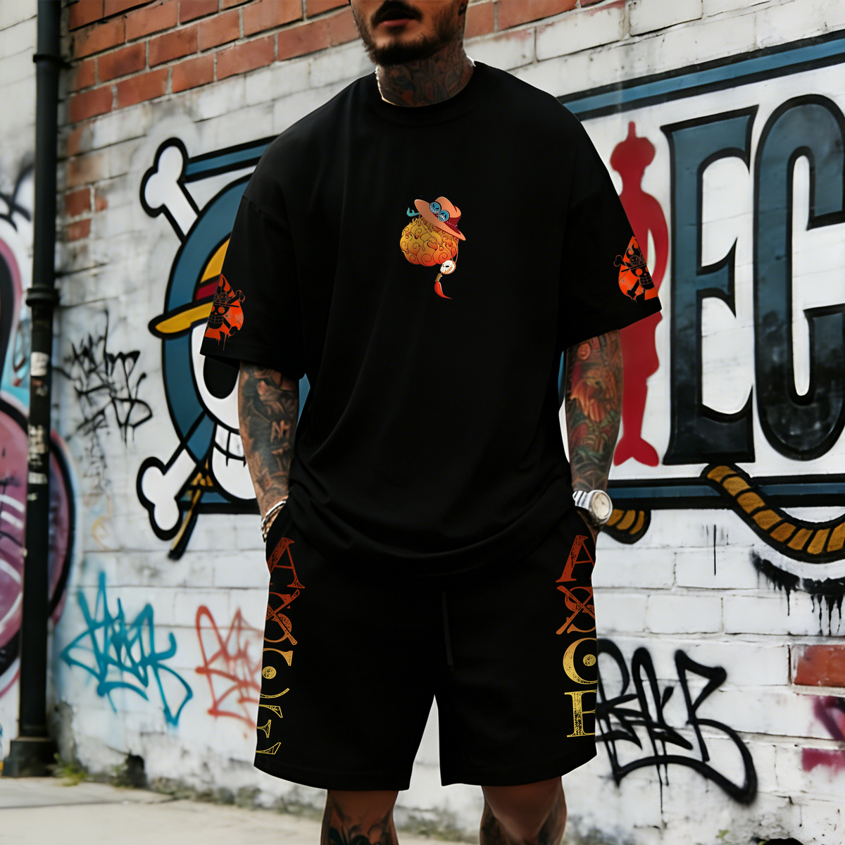 OP-Unisex Anime Inspired Vintage T-shirt& Shorts 2 Pieces Set