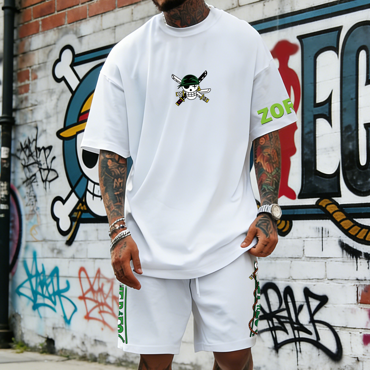 OP-Unisex Anime Inspired Vintage T-shirt& Shorts 2 Pieces Set