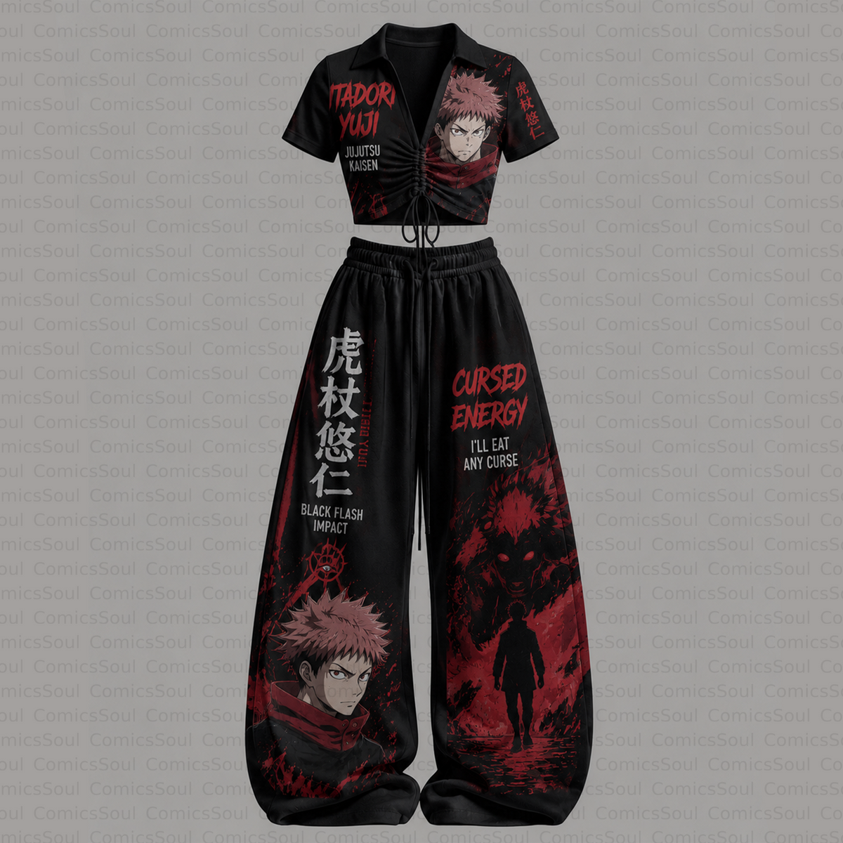 Jujutsu Kaisen Drawstring Short Sleeve Top & Long Pants Two-Piece Set