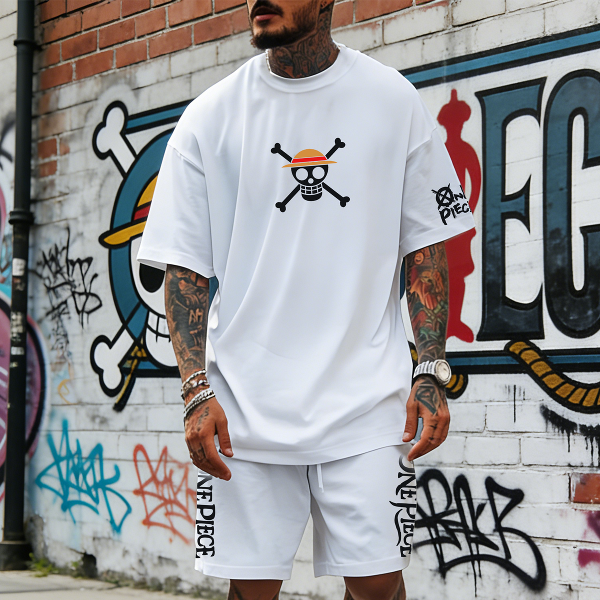 OP-Unisex Anime Inspired Vintage T-shirt& Shorts 2 Pieces Set